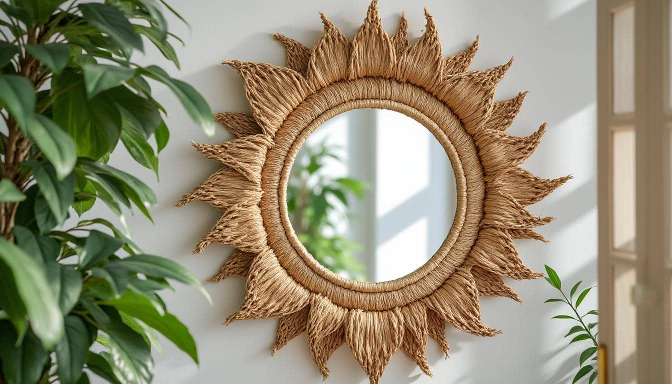 apprenez à créer facilement un miroir soleil tendance en raphia naturel grâce à ce tutoriel diy. décorez votre intérieur avec une touche bohème et artisanale !